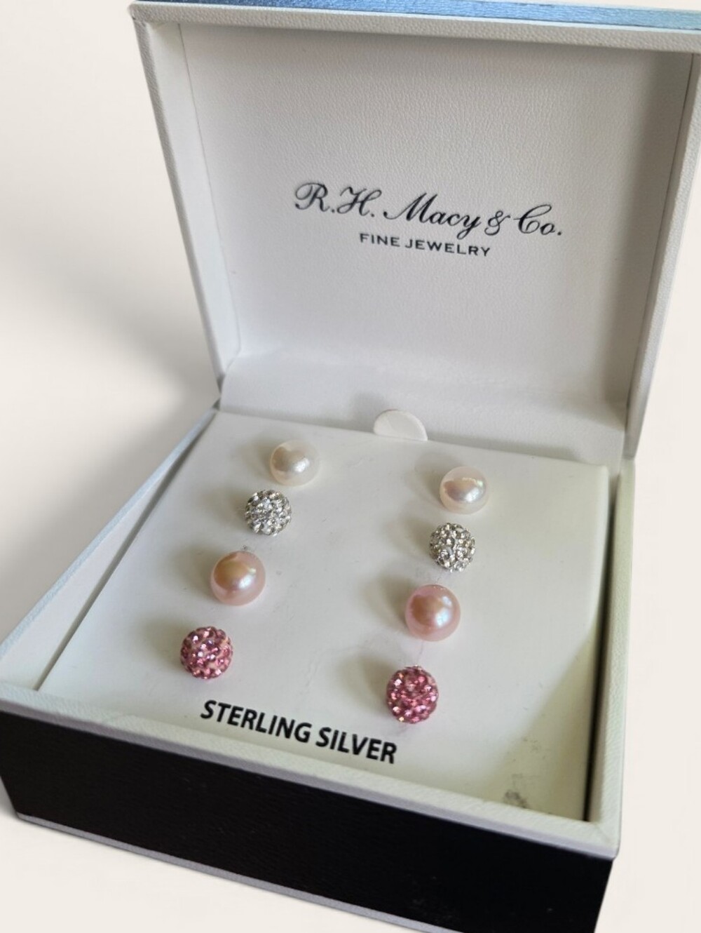 Sterling Silver Pink and White Pearl & Crystal Stud Earring Set